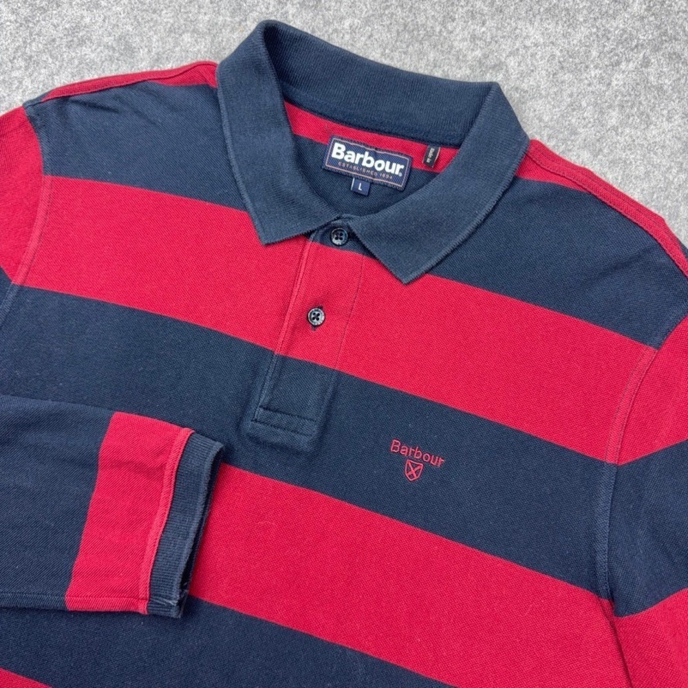 Barbour Polo Shirt Mens Large Red Blue‎ Striped Long Sleeve Rugby Cotton Pique